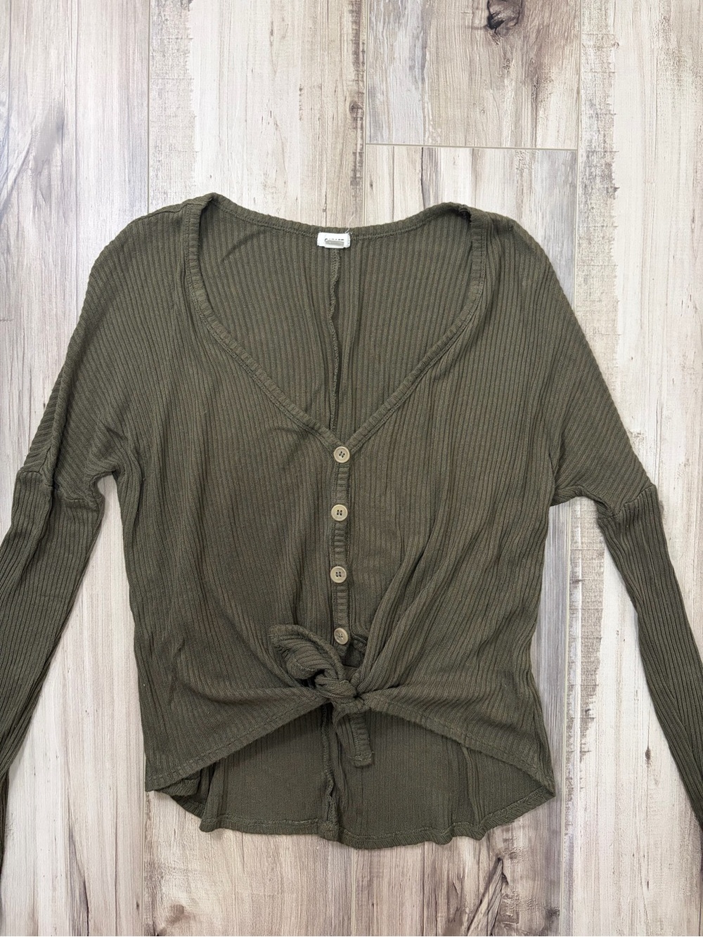 Garage Olive Ribbed Button-Front Tie Hem Top